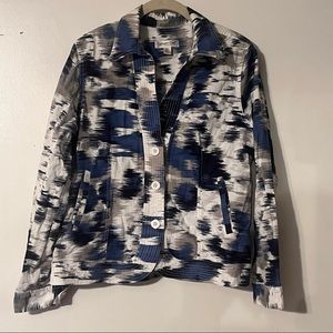 COLDWATER CREEK Blazer LINEN Blend Blue Ikat Jacket Long Sleeve Pockets Medium